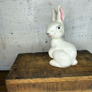 Vintage Anthropomorphic Kitschy Bunny Figurine White Ceramic, Pink Ears